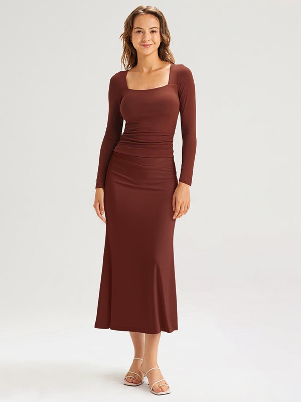 2Pcs Set Square Neck Ruched Brami Top & Mermaid Maxi Skirt