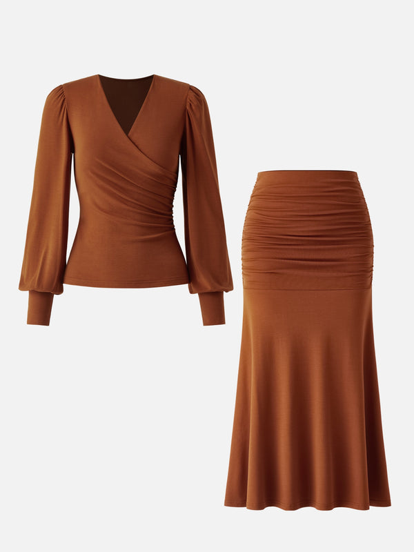 2Pcs Set Tencel Surplice Puff Sleeves Top & Ruched Flare Skirt Ruddy Orange